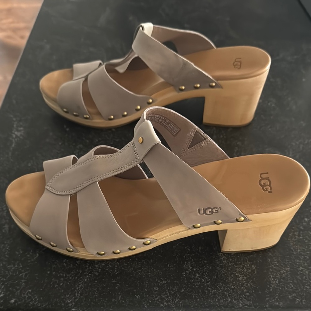 UGG Taupe Leather Sandals with Wooden Block Heel